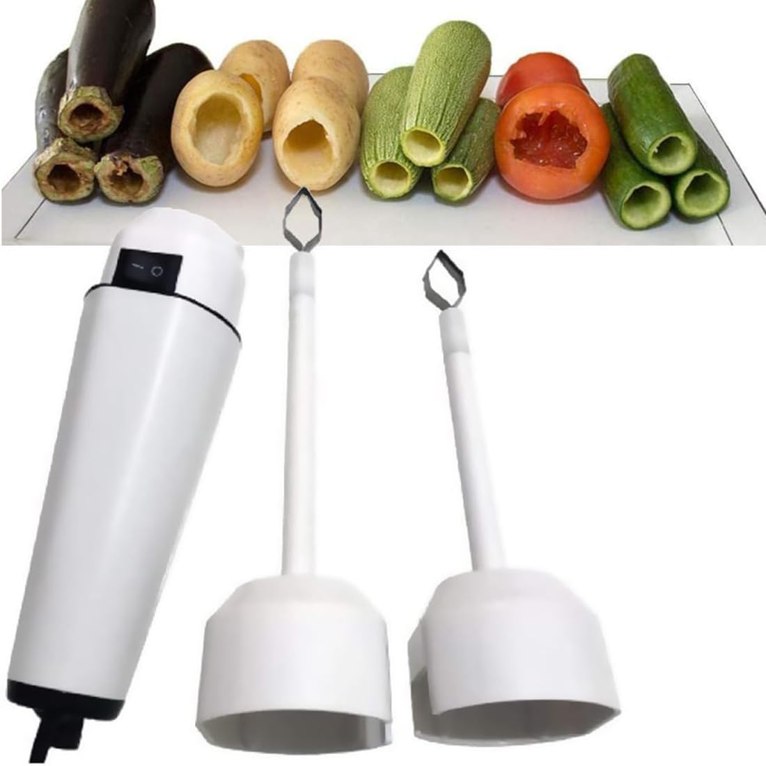 Electric Vegetable Corer One Button to Use Handheld Kitchen Zucchini Digging Corer with 2 Heads, Adjustable Speed Stainless Steel Fruit Seed Remover