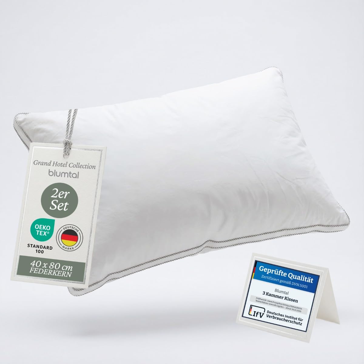 Blumtal Federkissen 40x80 cm 2er Set mit 3-Kammer-Füllung - Oeko-TEX zert. Kopfkissen 40x80 2er Set Federfüllung - Ultra stützender Federkern + HCS-Außenkammern - Kissen Seitenschläfer, Weiß