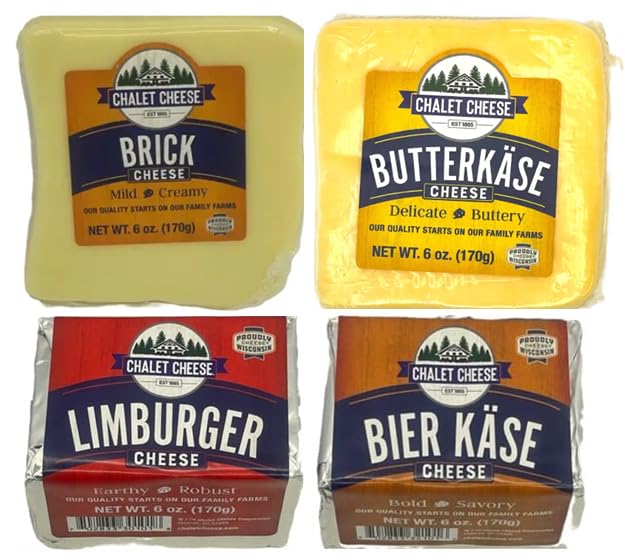 Chalet Sampler – Brick Cheese, Butter Käse, Limburger & Bier Käse Blocks, Authentic European-Style Specialty German Cheese Variety Pack