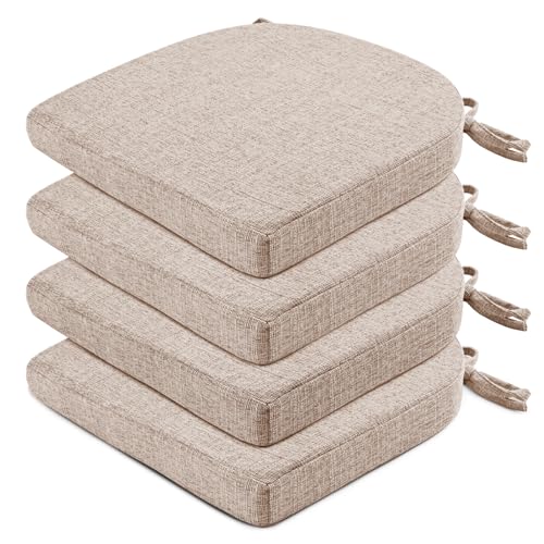 Image of Wellsin Chair Cushions for Dining Chairs 4 Pack - Kitchen Chair Cushions with Ties and Non-Slip Backing - Dining Chair Pads 16 inchX16 inchX2 inch, Oatmeal Beige