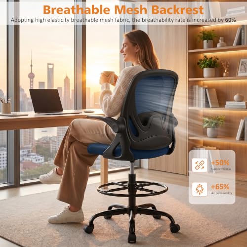 Image of Drafting Chair Tall Office Chair with Flip-up Armrests, Adjustable Height, Enhanced Lumbar Support Ergonomic Rolling Stool, Back Support, Adjustable Foot Rest Ring for Standing Desk Navy