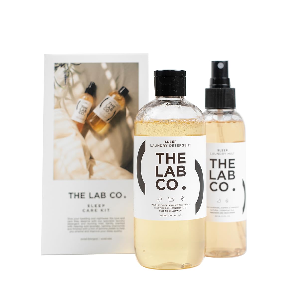 The Lab Co. Sleep Care Kit. Non Bio Laundry Detergent Wash 300ml and Fabric Deodoriser Freshener Mist Spray 150ml for bedding, sleepwear and pillows. Lavender & Chamomile.