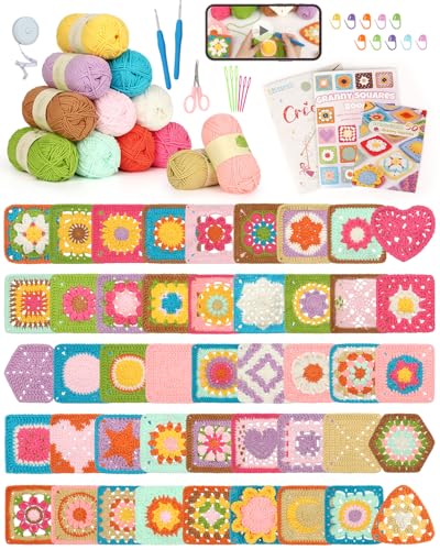 Katech Crochet Kit for Beginners Adults with Step-by-Step Video Tutorials, 50 Granny Square Kit for Beginner Learn to Crochet, Crochet Starter Kit for Crocheter w/ 12 Upgraded Yarn-Beginner Friendly
