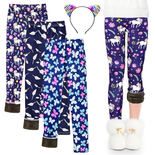 Girls Fleece Lined Leggings, Warm Winter Thermal Pants for Kids & Toddlers, Thick Cozy Lined Leggings for 4-10Years
