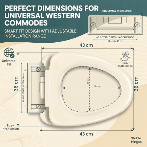 Image of ELEGANT CASA Polypropylene Soft Closing Toilet Seat Cover for Western Commode with Stable Hinges Cascade-Type Shape, Glossy Off-White /Ivory