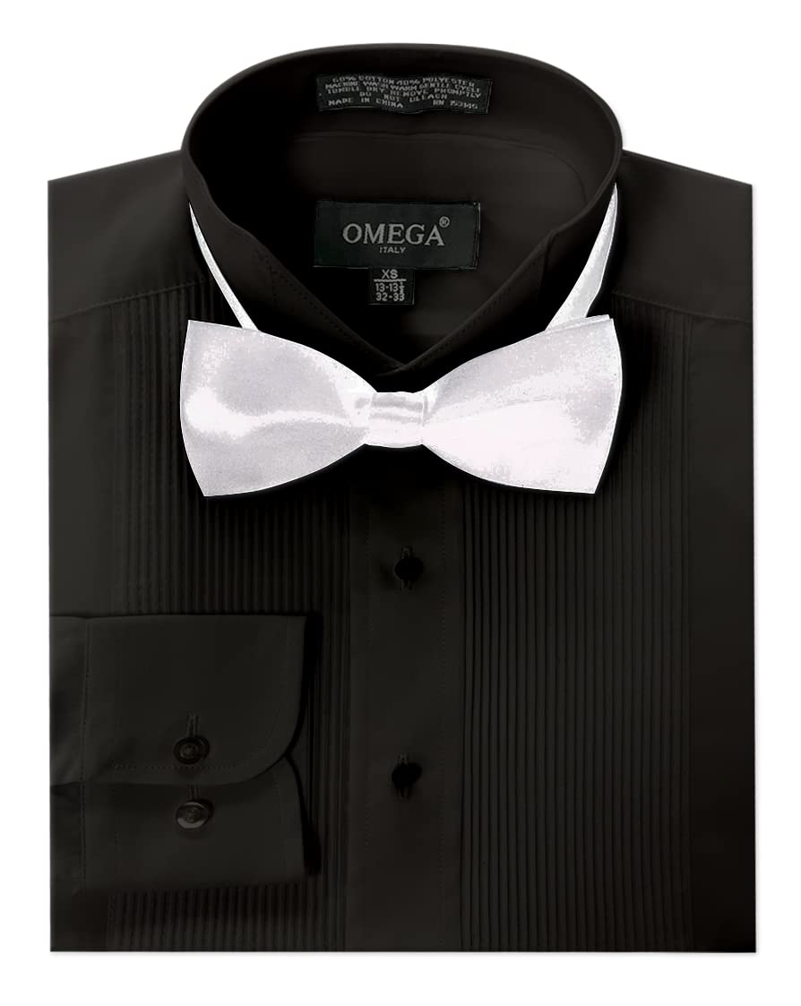 OmegaTux Mens Wing Collar Tuxedo Shirt with Bowtie, 1/8" Pleat & Convertible Cuffs, Black, 17.5" Neck 33" Sleeve