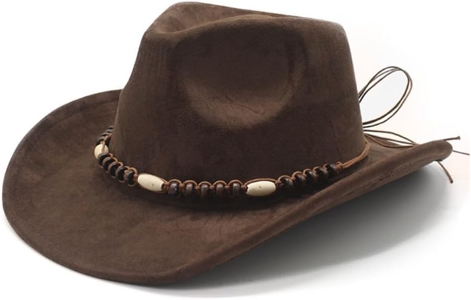 Western Cowboy Hat, Black, Faux Suede Material, Beaded Hatband with Feather Accent