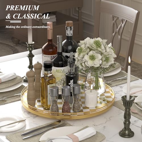 Image of Premium Rubber Wood Lazy Susan Turntable, Glod White Checkerboard Decorative Serving Tray, Hand-Welded Metal Railing, Stable Rotating Organizer for Dining Table, Kitchen Counter, Coffee Table Decor