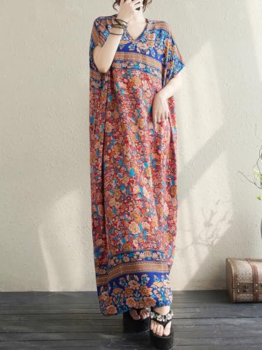 Image of Summer Floral Plus Size Dresses for Women V Neck Casual Loose Dress with Side Pockets