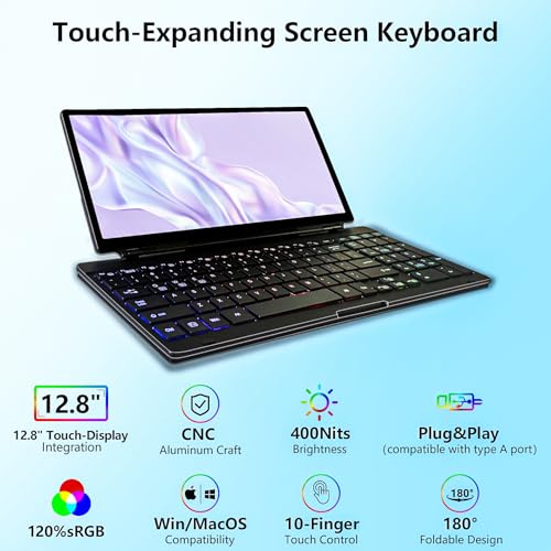 Image of Portable Touchscreen Monitor with Silent Keyboard 12.8-inch Ultra-Slim Stretched Bar Screen Folding FHD 120% sRGB, USB-A /C Compatible Screen for Computers, Laptops, Mini PCs, Console