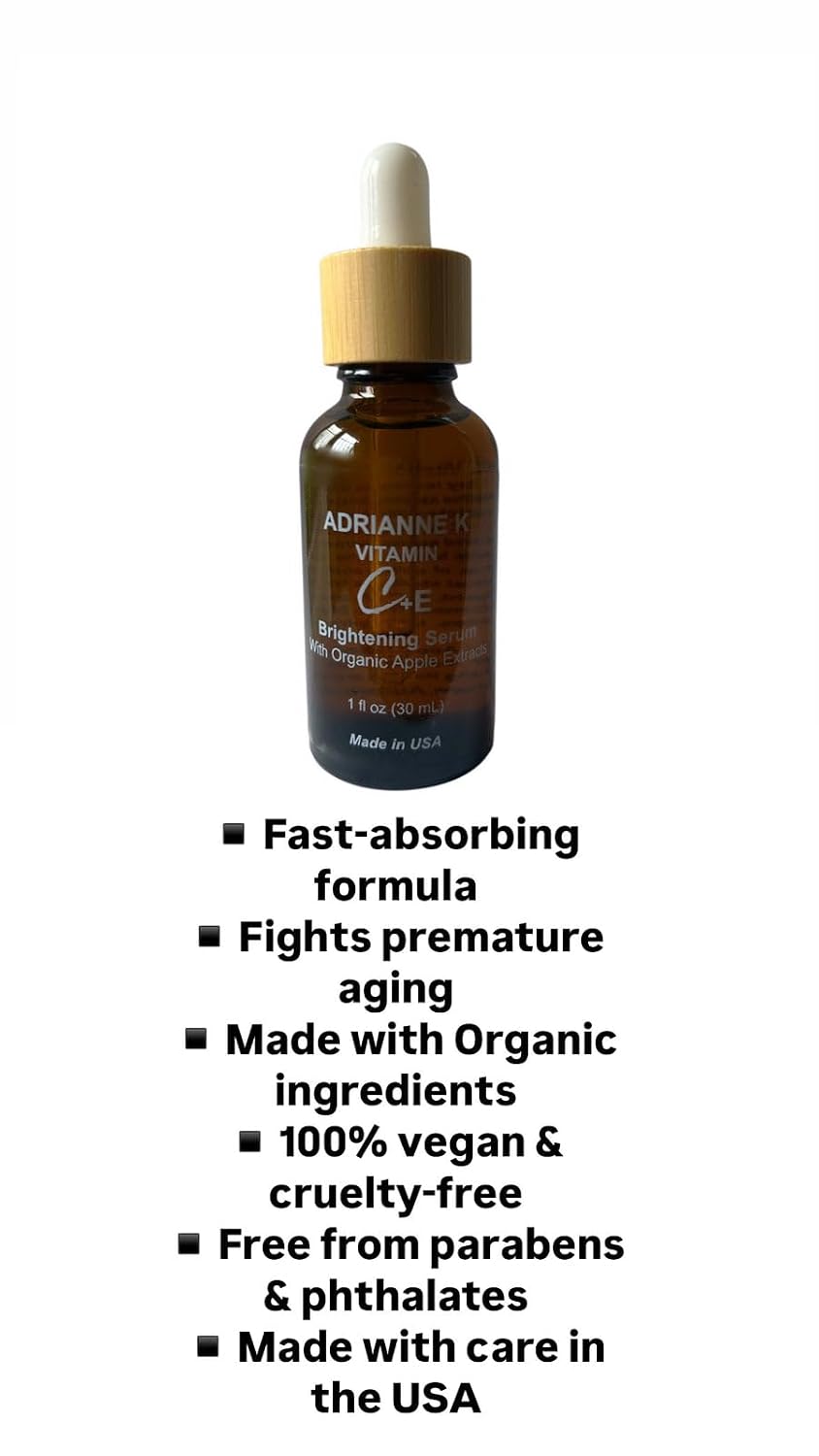 ADRIANNE K Vitamin C Face Serum – Brightening Antioxidant Treatment with Vitamins C, E & A – Fades Dark Spots & Sun Damage – Organic, Vegan, Made in USA, 1 oz