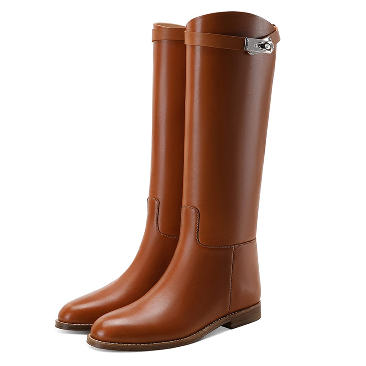 YDN Women Classic Round Toe Under the Knee High Flat Riding Boots Pull on Mental Buckle Wide Calf
