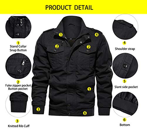 Tacvasen Men's Lightweight Cotton Jacket Military Multi-Pockets Coat Windproof Black, L #TOP3