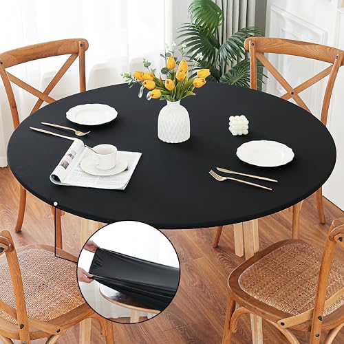Limalred Fitted Spandex Round Tablecloth, Soft Skin Friendly Non Pilling Breathable Fabric Table Cover with Elastic Band for Dining Gathering Party Banquet Decoration 60 Inch Black by Limalred - Used condition - US$13.73