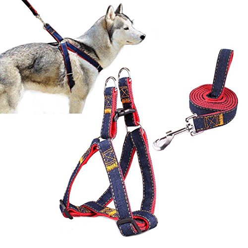 Sopito Softgeschirr mit Leine Brustgeschirr Hunde Geschirr Sicherheitsgeschirr Denim Leine für Haustiere Hunde Verstellbare Reflektierende Sicherheit Leine Haustier Nylon Leine Softgeschirr (Rot, L)