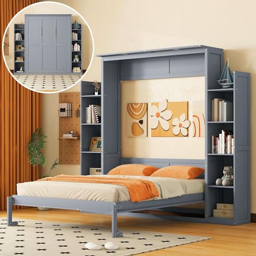 KLMM Wooden Queen Size Murphy Bed Wall Bed with Storage