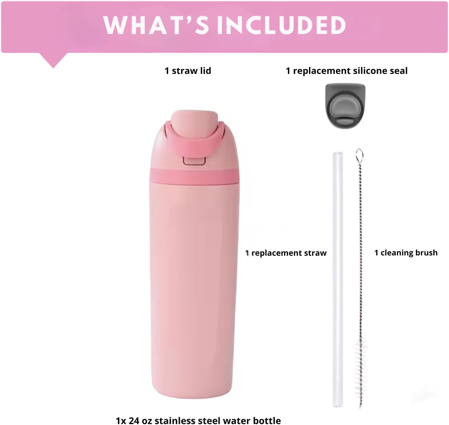 DUTHINGS Insulated Stainless Steel Water Bottle with Straw, 24 oz – Leakproof, BPA-Free Reusable Sports & Travel Bottle with Replacement Straw and Cleaning Brush (PINK/S) - Image 2