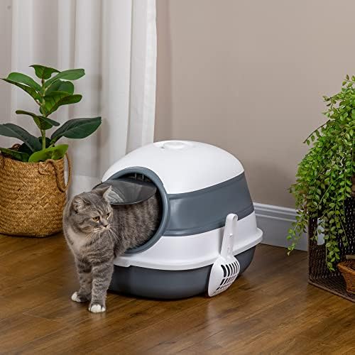 PawHut Foldable Cat Litter Tray with Lid, Hooded Cat Litter Box w/ High Sides, Air Freshener, Large Two-Way Entrance, Scoop