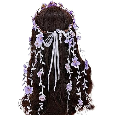 PartyforU Purple Flower Hippie Headpiece Forest Vines Crown Boho Floral Headband for Women Girls Fairy Bohemian Cosplay Wedding Bridal Shower Renaissance Fair Proms Bachelor Party Cover