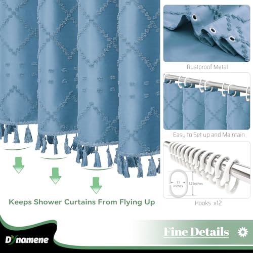 Dynamene Moonlight Blue Fabric Shower Curtain, Boho Tufted Geometric Striped Tassel Bathroom Shower Curtain, Shabby Chic Textured Farmhouse Waterproof Cloth Shower Curtain Set, Wrinkle Free, 72x72 by Dynamene - Image 5