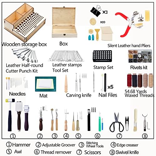 285 Pcs Leather Tool Set, Leather Craft Kit with Wood Leather Craft Tools Holder, Leather Working Kits Supplies, Sewing Tools for Leather Working Stitching Carpet Repair Craft Making