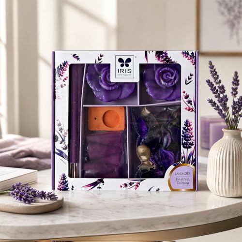 Image of IRIS Lavender Fragrance Gift Set | Floating Candles, Incense Sticks, Incense Cones, Potpourri & Incense Holder | for Home Decor & Gifting.