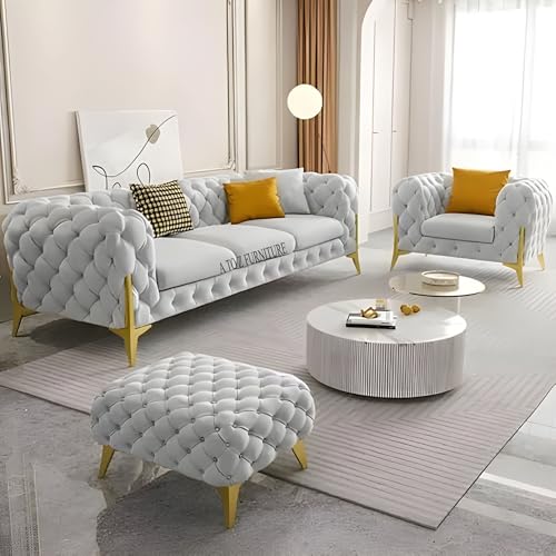 Image of A to Z Furniture Modern Classic Fabric & Valvet Tufted Chesterfield Sofa Living Room and Office (3+1= 4 Seater Sofa Set with Footrest Grey)