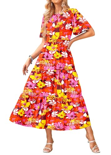 Image of KIRUNDO Summer Dresses for Women 2026 Spring Casual Flutter Short Sleeve Wedding Guest Smocked Flowy Tiered Aline Midi Dress