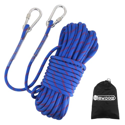 NewDoar Climbing Rope 8(5/16in),10mm (3/8in), High Strength Accessory Cord Rope with 2 Steel Hooks, for Outdoor Rescue Rappelling Rope Down Cliffs ledges Safety Escape Tow Strap Equipment(Blue)