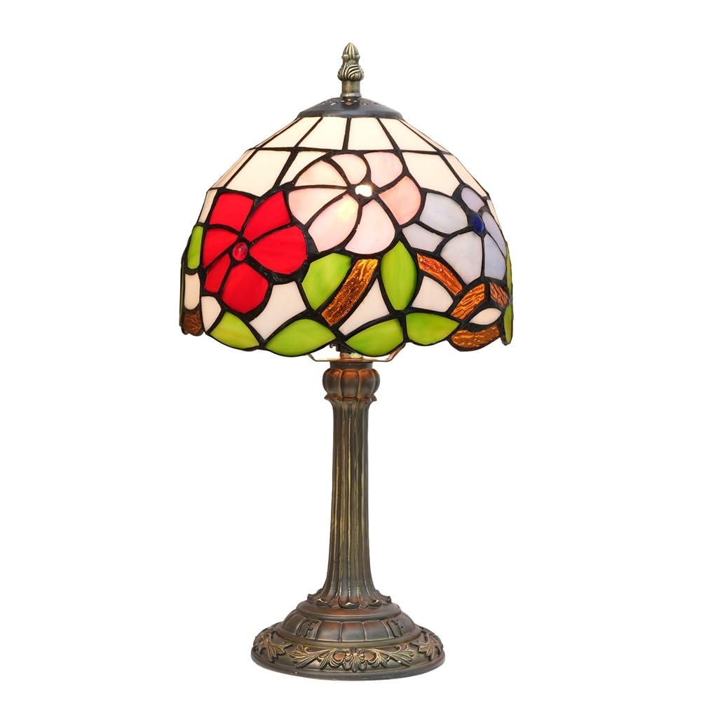 HJRegaFimu 8 Inches Lamp Small Stained Glass Table Lamps Tricolour Petunia Vintage Style Nightstand Reading Desk Light For Bedside Bedroom Living Room Art Deco