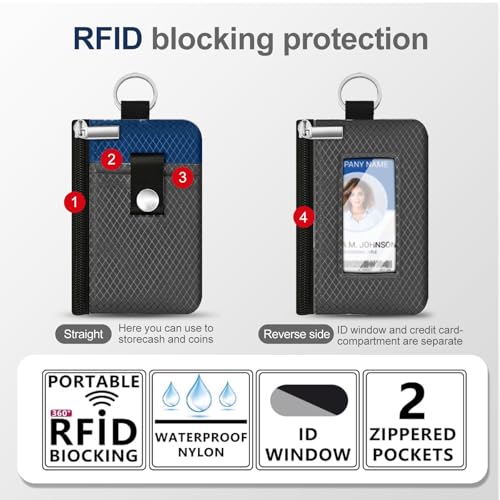 Image of Minimalist RFID Blocking Small Wallet with ID Window,WaterResistant Zip Id Case Wallet with Lanyard Keychain for Cards,Cash,Travel,Women,Men (DarkGrey /Electric Blue)