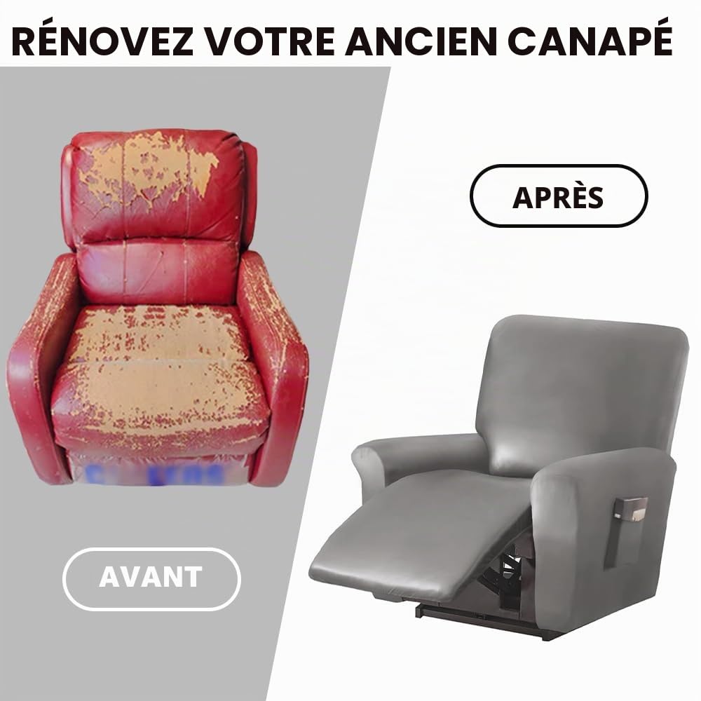 FANSU Housse de Fauteuil Relax Extensible 2 Places, Cuir PU Housse de Fauteuil Relax Inclinable Electrique avec Poche, 6 Pièce Protege de Meubles pour Canapé (2 Places,Noir)