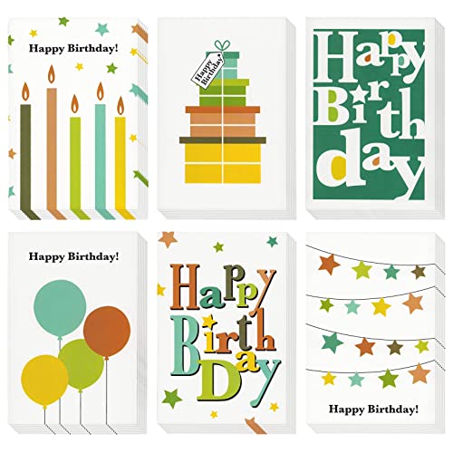 Juvale Birthday Cards Blank Inside - 4 x 6 In, 48 Pack Multicolor - Bulk Blank Birthday Cards with Envelopes & Unisex Designs - 6 Vibrant Patterns on Ivory Stock - Workplace & Family