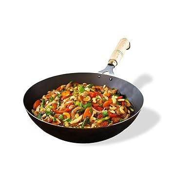 The Indus Valley Pre-Seasoned Iron Wok with Strong Wooden Handle | Medium, 30.4cm/12 inch, 4.2Ltr, 1.5kg | Gas Compatible | Pre-Seasoned Wok, 100% Pure & Toxin-Free, No Chemical Coating