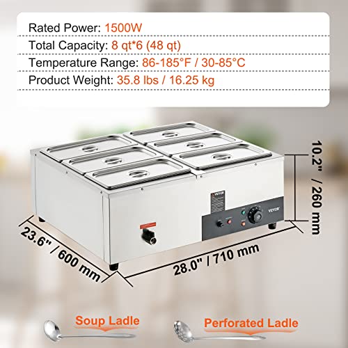 Vevor ELECTRIC STEAM TABLE 6 X 8QT 6-Pan Commercial Food Warmer, 6 X 8Qt Electric Steam Table thumb #6