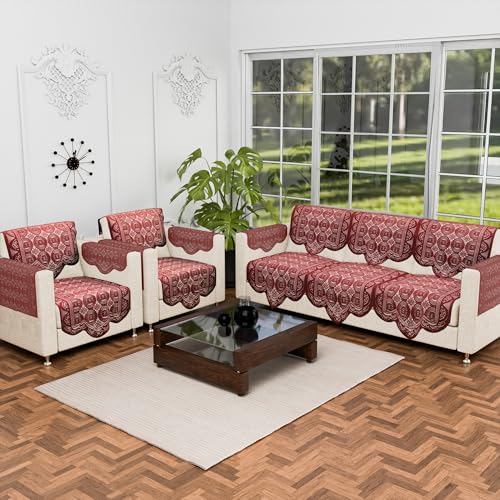 Image of Kuber Industries (Set of 16) Stylish & Durable Cotton Sofa Covers 5 Seater with Arms | Washable Sofa Protector & Slipcover for Living Room & Office | Plain Circle - Maroon