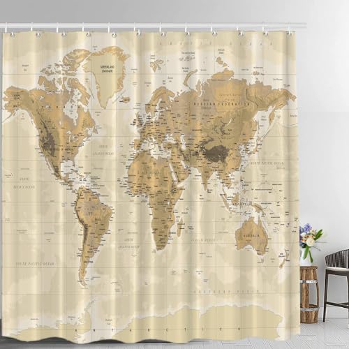 Batmerry - Cortina decorativa para regadera, hecha de fibra de poliéster con aros de plástico, de secado rápido, impermeable, rústica, diseño de mapa del norte de África y el...