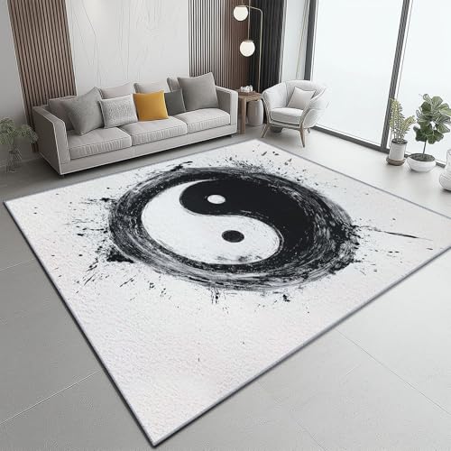 Alfombra Salón 90 x 150 cm Suave Antideslizante Resumen de Tinta Tai chi Zen Dormitorio, Comedor Pasillo Alfombra Rectangular Lavable a máquina Tinta en Blanco y Negro