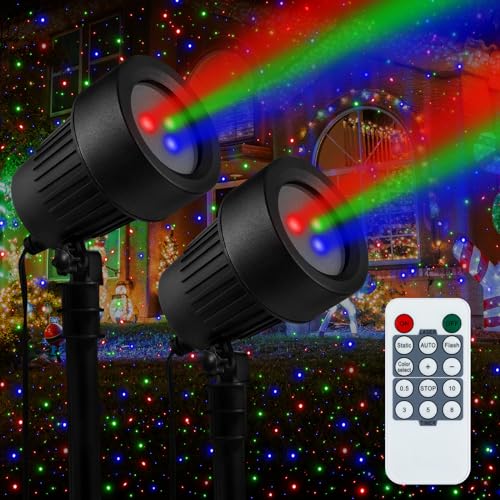 Aurelema 2 Pcs Christmas Laser Lights Outdoor 3 Color Red Green Blue Garden Laser Light Projector Waterproof LED Laser Decorative Light with Remote for Outdoor Indoor, New Year, Yard, Patio, Xmas Gift Aurelema 2 Pcs Christmas Laser Lights Outdoor 3 Color Red Green Blue Garden Laser Light Projector Waterproof LED Laser Decorative Light with Remote for Outdoor Indoor, New Year, Yard, Patio, Xmas Gift
