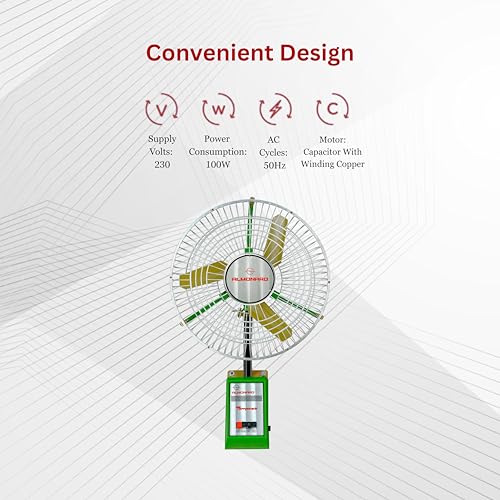 Image of Almonard 450mm Heavy Duty Industrial Wall Mount Fan | High Speed Air Circulator | 1440 RPM | Full Copper Winding Motor | Double Ball Bearing | Aluminium Metal Blade | for Factory & Warehouse (Green)