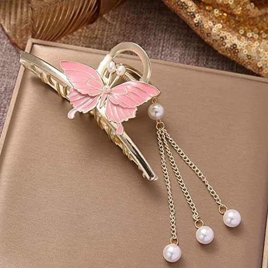 M.T. BROTHERS - Big Fancy Metal Non-Slip Hair Clip, Large Jaw Clips, for Women Thin Thick Curly Hair Pearl Hair Clips Sparkly Hold Hair Jaw Clips (CLASSY PINK)