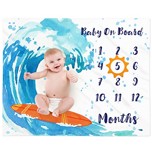 Image of Eunikroko Beach Monthly Baby Milestone Blanket Ocean Nursery Flannel Blanket Baby on Board 40" X 50" Photo Prop Beach Themed Bedding Idea for 1 to 12 Months Unisex Newborns