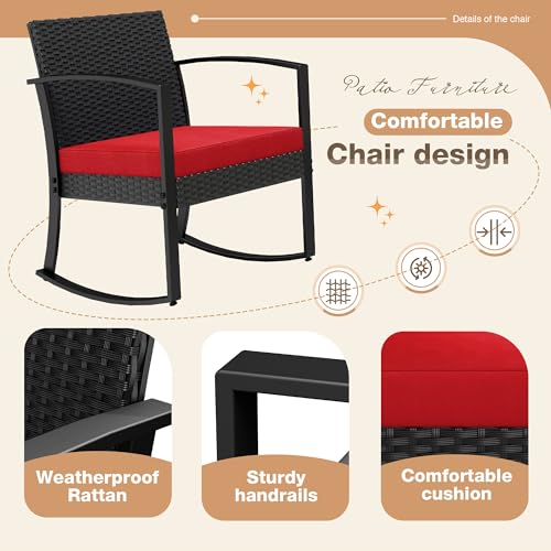 Image of Greesum 3 Piece Patio Furniture Set, All-Weather Imitation Rattan Conversation Set, Outdoor Rocking Chair Bistro Set with Glass Top Coffee Table for Pool, Deck, Porch, Garden or Balcony, Red