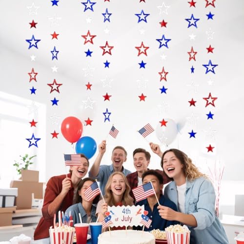 Image of Patriotic Star Streamers Banner Garland Glitter for 4th of July BBQ Memorial Day 250th Anniversary Party Glossy Independence Day Celebration Labor Day Decorations Red White Blue 1 Strand 157.5In