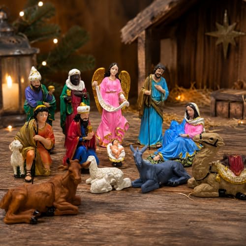 Image of KariGhar 15 pcs Nativity Set /Crib Set 8 INCH Perfect for Christmas Gifting & Decoration Pack Includes Mary,Joseph,Baby Jesus, Angel, 3 Wise Men, The Shepherd, 6 Animals Multicolor.