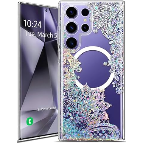 Coolwee Magnetic for Samsung Galaxy S24 Ultra Case, Compatible with MagSafe, Cute for Women Girls, 10FT Military Grade Protective Cover for Galaxy S24 Ultra Case Glitter, Clear Bling Lace Mandala Cover