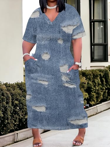 Image of SUZONANA Plus Size Denim Print Maxi Dresses for Women Casual V Neck Short Sleeve with Pockets Soft Jean Look Dress XL-6XL
