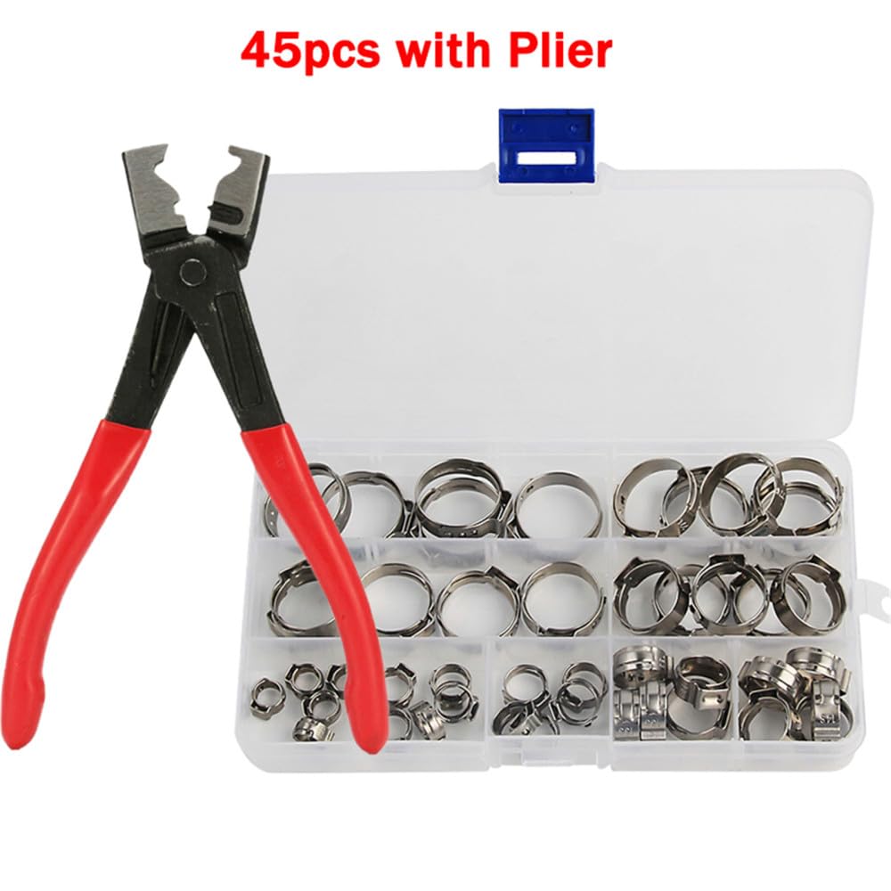 45/80/100 alicates de abrazadera de oreja continuos de acero inoxidable, kit de abrazaderas de manguera de una sola oreja con alicates, anillos de presión para mangueras de tubería, 100 alicates de ab