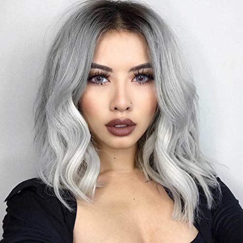 Ombre Grey Wavy Synthetic Wigs for Women, Middle Part 2 Tone Ombre Dark Root to Silver Gray Short Bob High Temperature Heat Resistant Hair Replacement Wigs 14 inch (ombre gray)