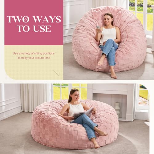 Image of Hobestluk Giant Bean Bag Chairs 6FT Oversized BeanBag Chair for Adult Jumbo | Memory Foam,Washable Cover,Unique Fluffy Plaid,Comfy Bean Bag Bed with Filler Gaming Reading Bedroom Living Room | Pink 6FT